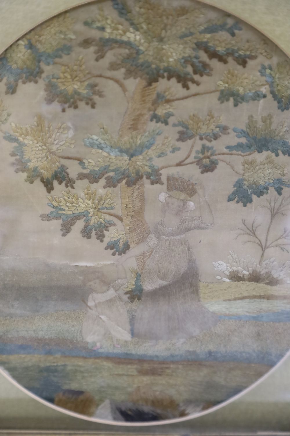 An 1836 cross-stitch sampler, a petite point picture and a Regency silk work picture (3)